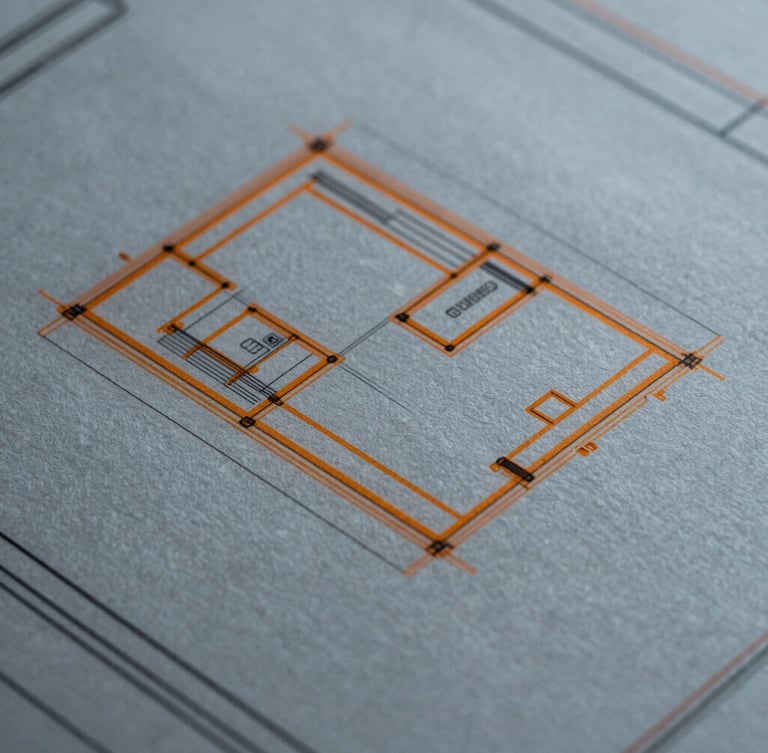 Macro shot of architectural blueprint with digital orange overlay, sharp focus, clean technical lines, cool daylight.