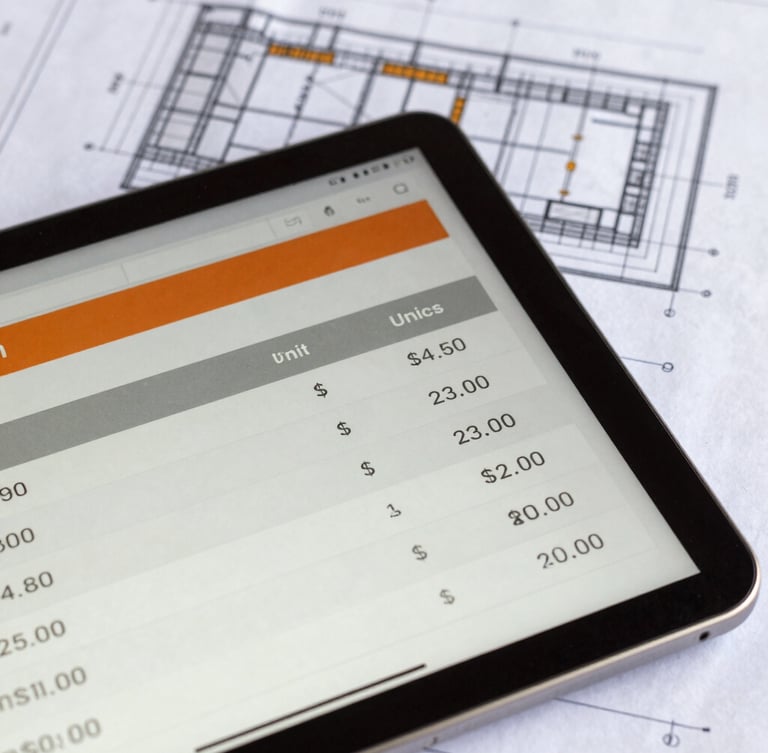 Close-up of a tablet screen displaying a detailed unit price analysis on a concrete construction site, architectural blueprints visible in the background, sharp daylight