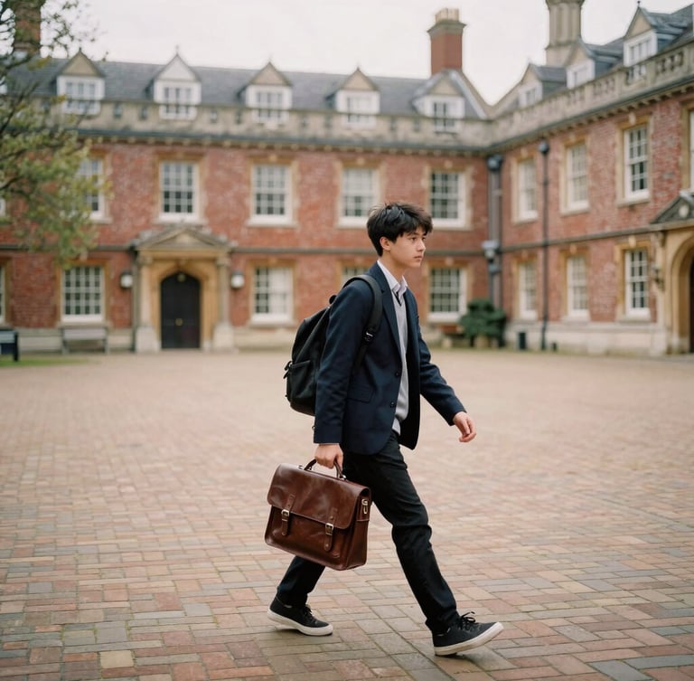 Candid medium portrait of a student walking across a historic brick campus courtyard, soft overcast British daylight, carrying a leather satchel, natural student life, authentic 35mm film aesthetic