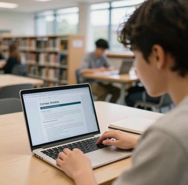Candid over-the-shoulder shot of a student reviewing course modules on a laptop in a bright, modern UK university library, natural overcast daylight, focus on the screen and notebook.