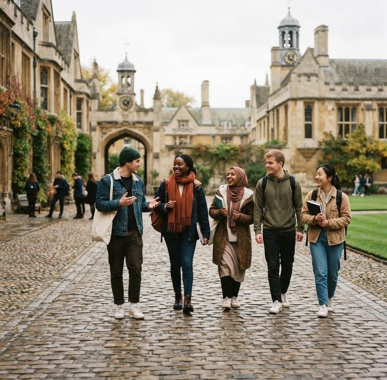 Candid medium shot of a diverse group of students walking across a historic cobblestone UK campus, soft overcast natural light, warm collegiate atmosphere, 35mm film look.