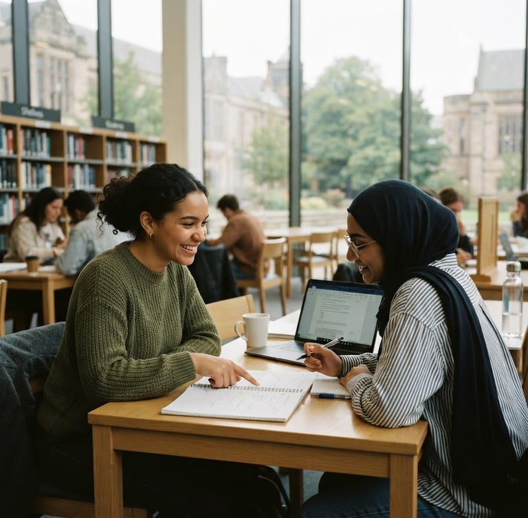 Candid medium environmental portrait of two diverse students collaborating in a modern UK university library, natural soft overcast daylight, 35mm film look