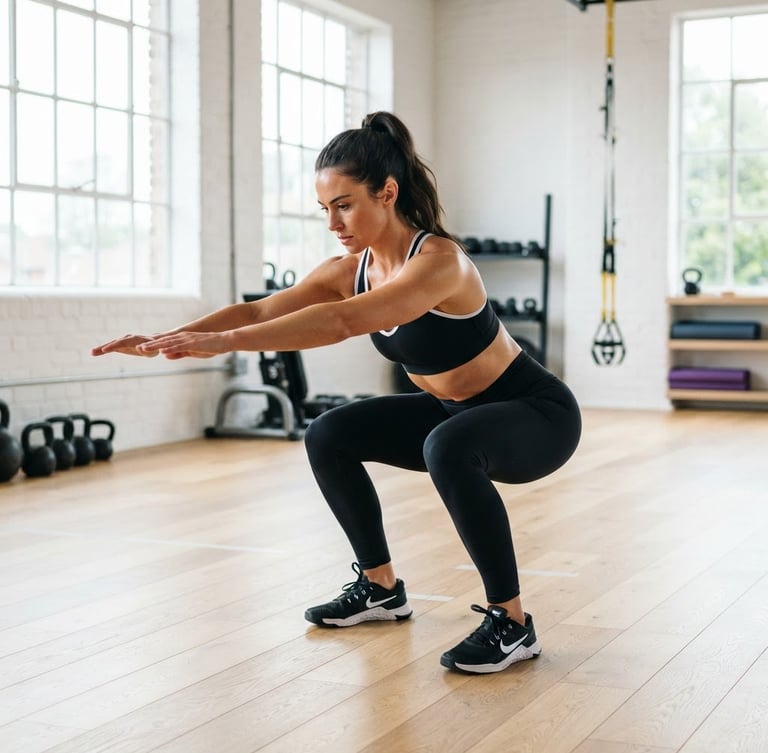 Bright athletic photography, natural window light in a clean spacious studio, a person performing a perfect deep bodyweight squat, sharp focus, 35mm lens