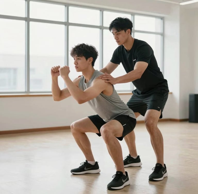 Bright athletic photography of a coach gently correcting a member's posture during a bodyweight squat, natural window light, clean spacious studio, 35mm lens