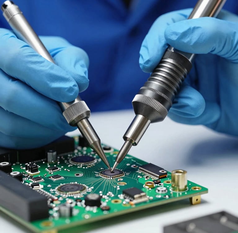 Macro close-up of a professional technician in uniform using micro-soldering tools on an exposed green circuit board, sharp technical photography, bright cool workshop light, high-contrast blue and silver tones.