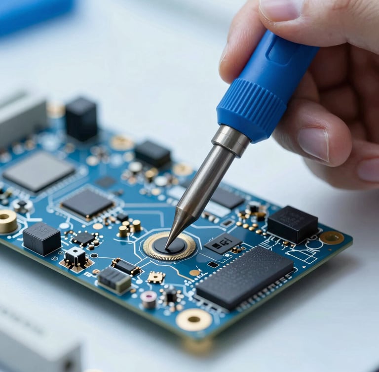 Macro close-up of a professional technician using precision micro-soldering tools on an exposed OLED television motherboard, bright cool workshop lighting, high-contrast blue and silver tones.