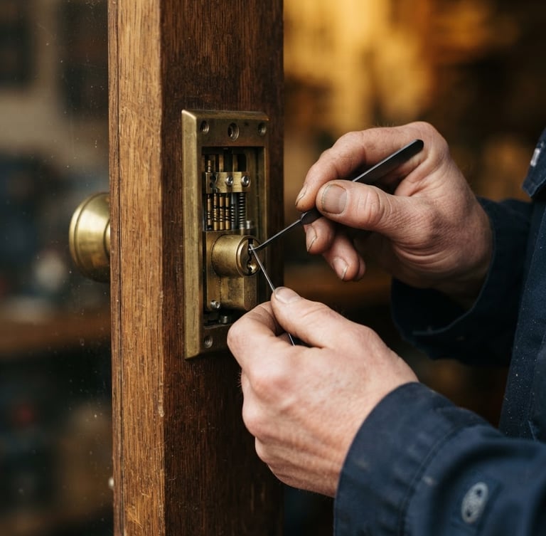 Close-up of a professional locksmith's hands in a navy blue uniform precisely adjusting a brass cylinder lock, warm golden lighting, sharp focus on the lock mechanism