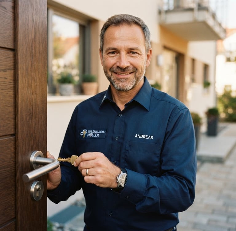 Close-up portrait of a professional German locksmith in a clean navy uniform, smiling politely while holding a brass key near a modern door, warm natural daylight, shallow depth of field, authentic local handcraft feel