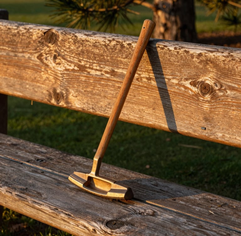 A close-up of a vintage wooden putter resting against a weathered pine bench, warm golden-hour sunlight casting long shadows on the green turf.