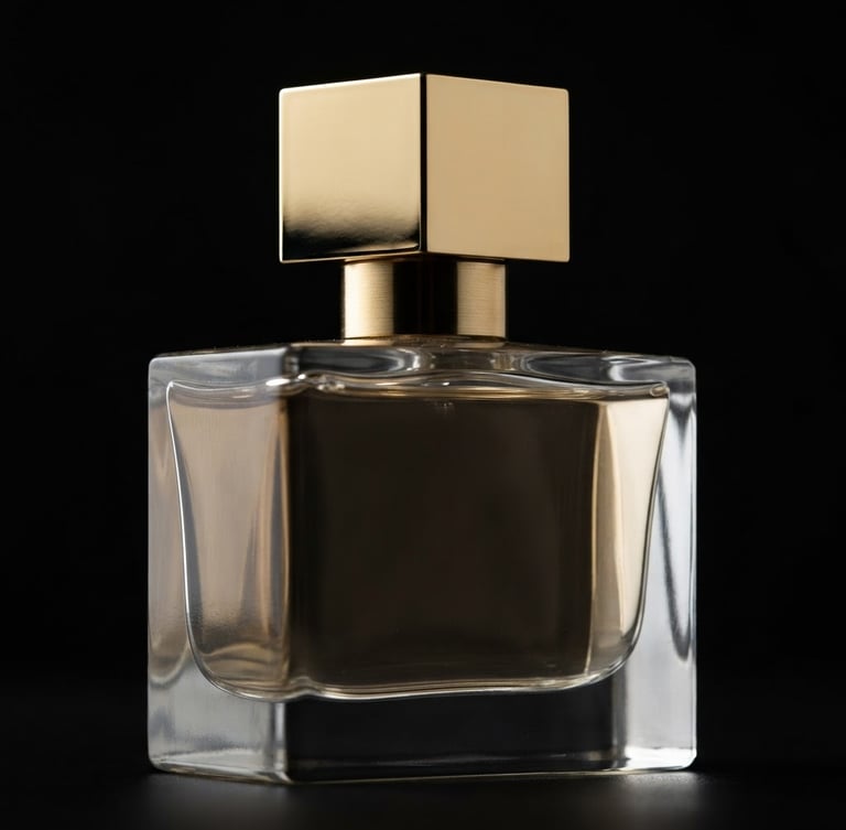 Macro shot of a minimalist luxury perfume bottle, sharp high-contrast studio lighting, deep blacks, gold reflections, 85mm