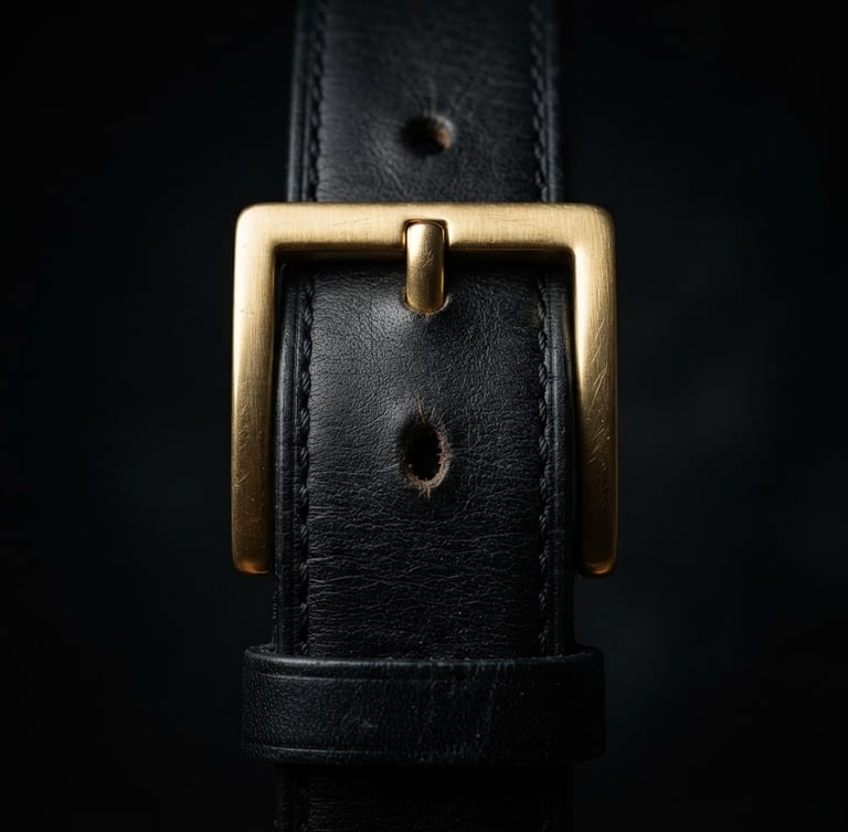Sharp close-up of a premium black leather belt with a brushed gold buckle, dramatic studio lighting, deep shadows, 85mm portrait composition