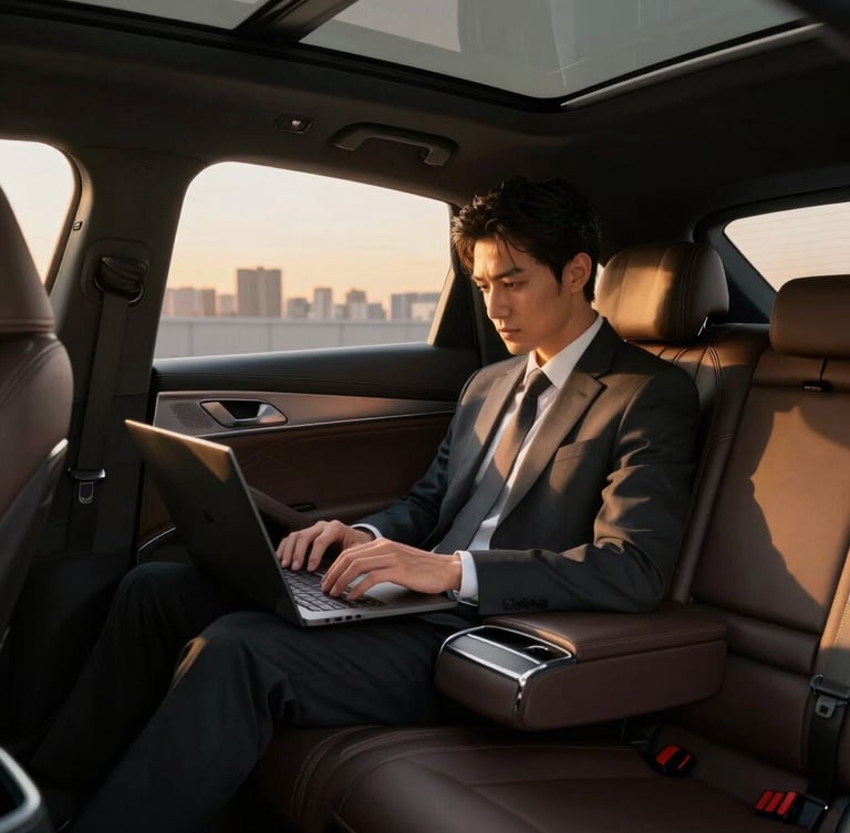 Interior of a luxury sedan back seat, a focused business traveler working on a laptop, soft golden-hour city light streaming through the tinted window, clean leather details, premium automotive photography, 50mm.
