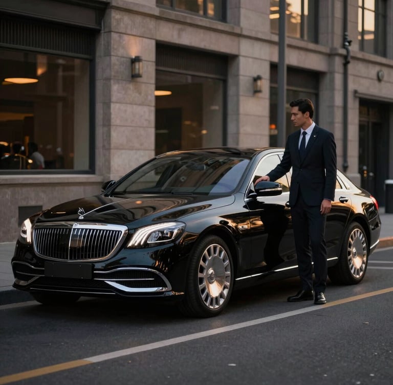 A sleek, highly polished black luxury sedan parked on a clean city street at dusk, golden-hour reflections on the pristine paint, professional chauffeur standing beside the rear door in a tailored dark suit, low-key dramatic lighting, premium automotive photography, 50mm.