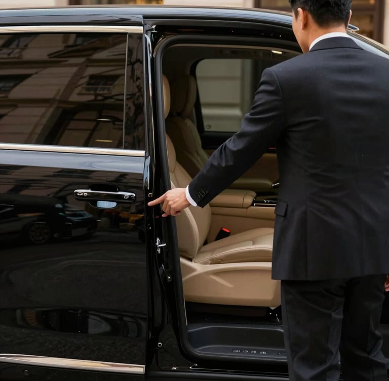 Close-up of a professional chauffeur in a tailored dark suit opening the door of a polished black luxury SUV, clean urban background, dramatic lighting