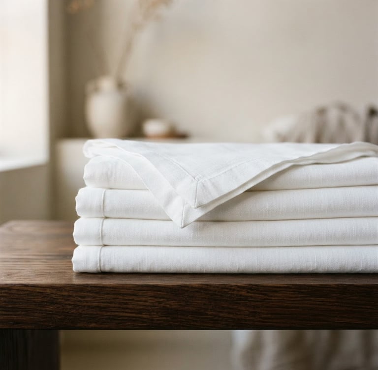 Macro shot of crisp folded white linen on a dark oak shelf, soft morning light, warm editorial photography, 35mm