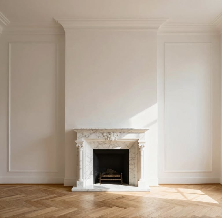Bright minimalist Parisian apartment interior, sunlit marble fireplace, high ceilings, herringbone parquet floor, soft morning light, warm editorial photography, 35mm