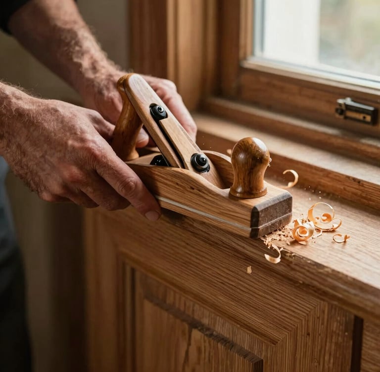 Tactile close-up of a joiner's hand using a wooden hand plane on a historic oak door edge, warm directional window light, fine wood shavings curling off the timber.