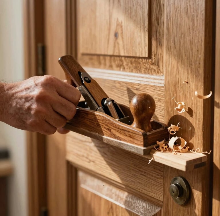 A close-up of a joiner's hand using a traditional wooden hand plane to shave the edge of a historic oak door, fine wood shavings curling off, warm natural window light casting soft shadows.