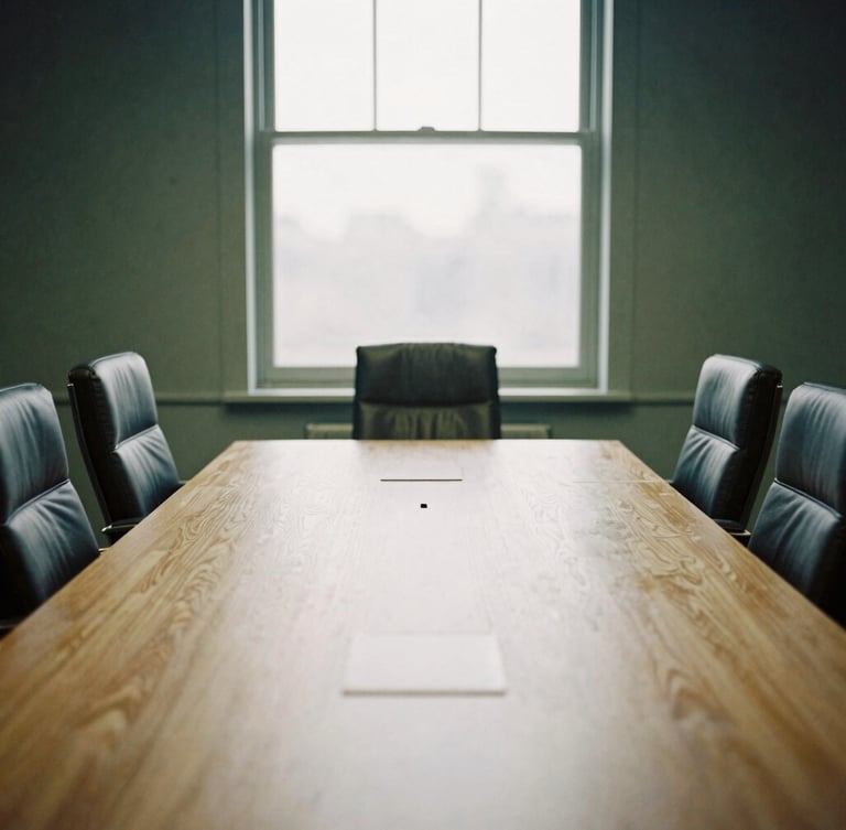 Quiet corporate boardroom with a large wooden table, empty leather chairs, soft natural window light, low contrast, editorial documentary style.