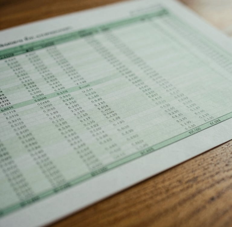 Close-up macro of a physical financial report on a heavy oak table, soft overcast British daylight, structural lines of data, muted forest green tones.