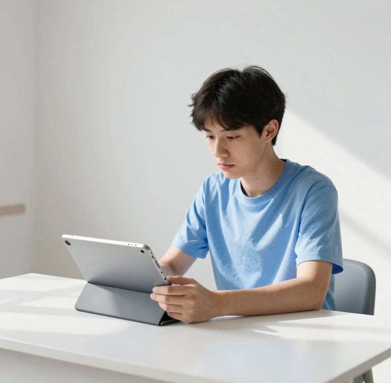 A focused student sitting at a clean minimalist desk with a tablet, soft electric indigo color-gel highlighting the shadows, bright natural daylight, 35mm lens.
