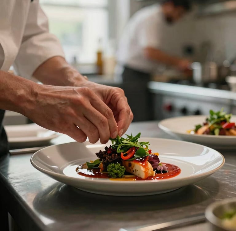 Warm editorial photography, soft Scandinavian daylight, rich crimson and forest green tones, shallow depth of field, 35mm. A chef's hands carefully garnishing a dish in a busy kitchen, moody side-lighting, focus on the hands and plate, background slightly blurred.