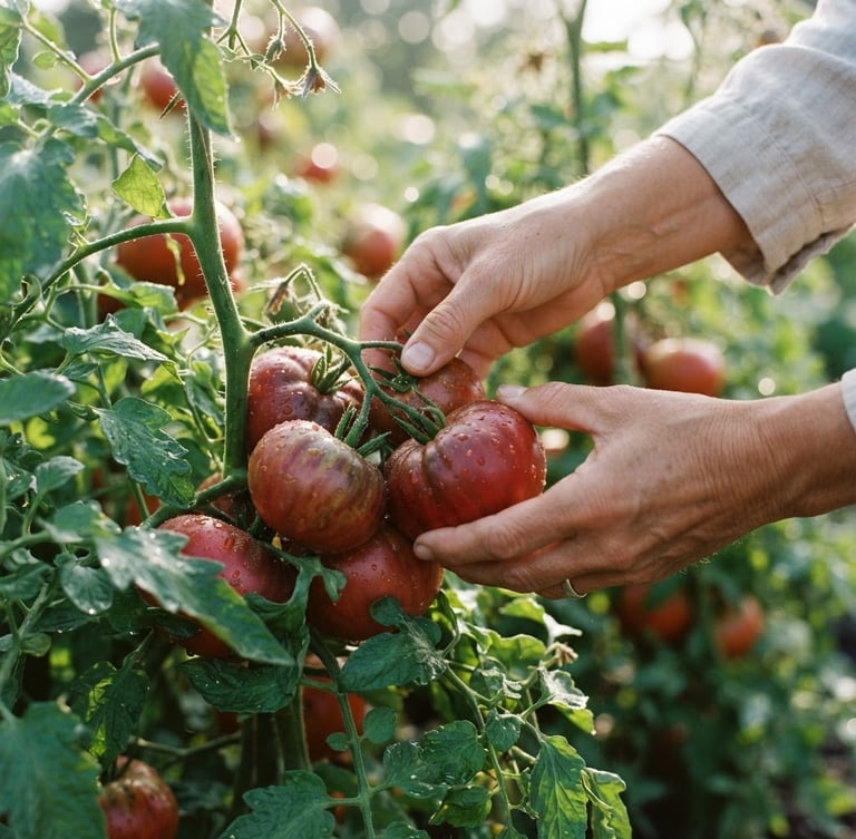 Close-up of hands gently harvesting heirloom tomatoes in soft morning light, dew drops visible, shallow depth of field, warm editorial photography.