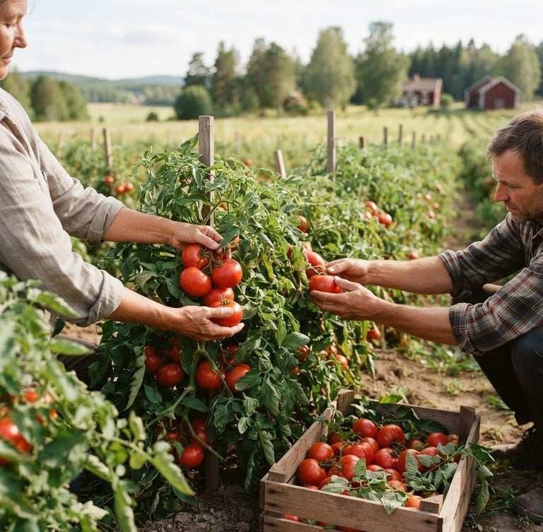 Wide panoramic shot of hands harvesting vibrant red tomatoes in a sun-drenched field, soft Scandinavian daylight, shallow depth of field, rich crimson and forest green tones, 35mm