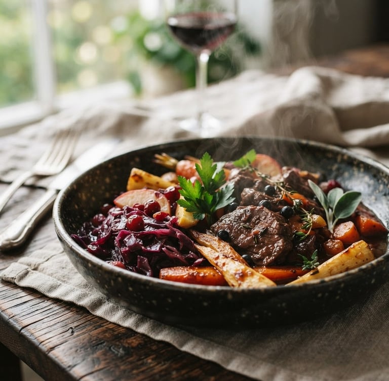 Warm editorial photography, soft Scandinavian daylight, rich crimson and forest green tones, shallow depth of field, 35mm. A close-up of a beautifully plated, rustic seasonal dish, steam gently rising, on a dark wooden table, with soft light from the left.