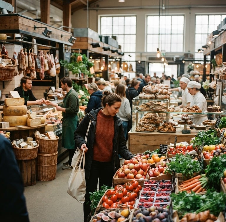A bustling, vibrant indoor food market aisle, filled with colorful fresh produce, artisanal cheeses, and baked goods, with soft Scandinavian daylight filtering through large windows. Shallow depth of field, rich crimson and forest green tones, 35mm.