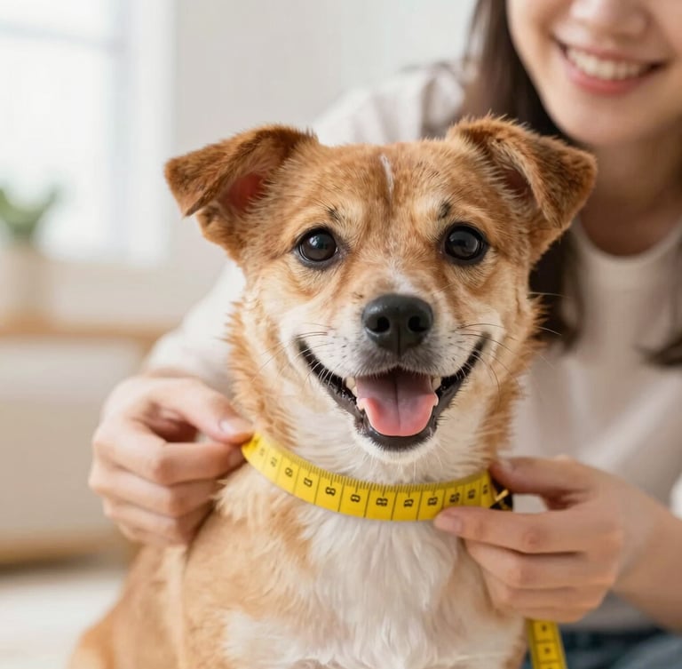 A close-up of a happy small dog being gently measured with a soft yellow tailor tape by a smiling person in a bright room, warm natural light, 35mm lens