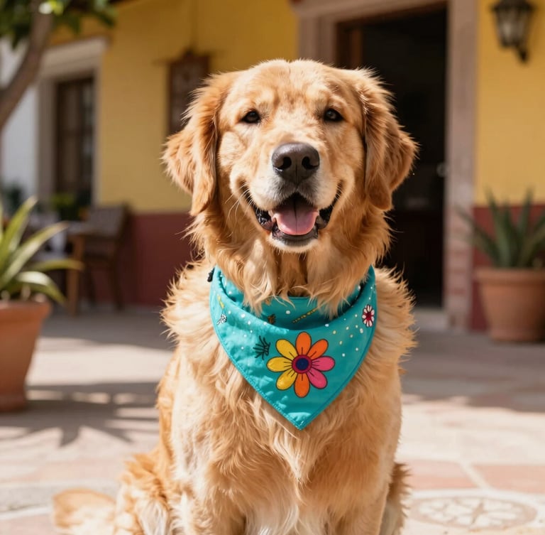 Warm editorial pet photography, a happy golden retriever wearing a colorful handcrafted turquoise bandana, sitting in a sunlit Mexican patio, eye-level angle.