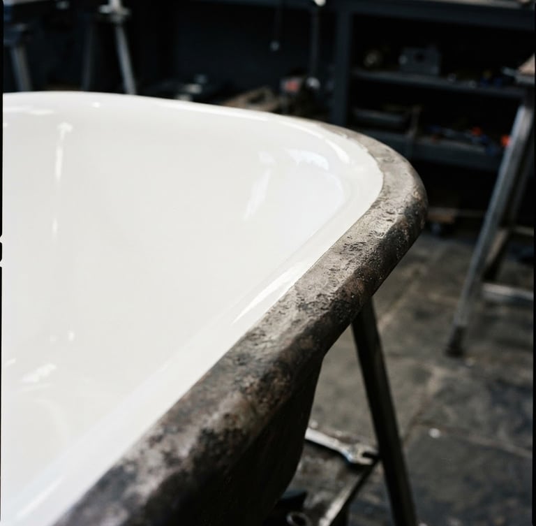 Sharp industrial photography of a vintage cast iron bathtub restored to a flawless, crisp porcelain white finish, bright natural light, macro detail, 35mm