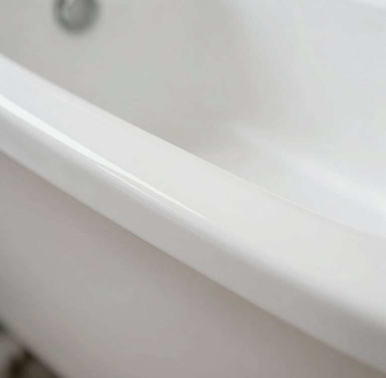 Sharp macro photography of a pristine white porcelain bathtub edge, focused cool-toned work light highlighting a flawless smooth surface transition, 35mm