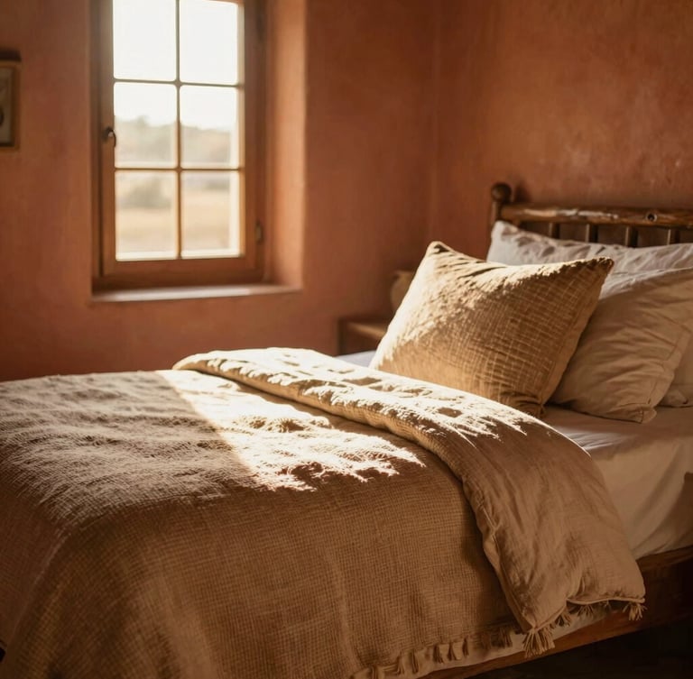 Cozy rustic bedroom with hand-woven cotton textiles, warm golden-hour sunlight filtering through a wooden window frame, terracotta walls, shallow depth of field.