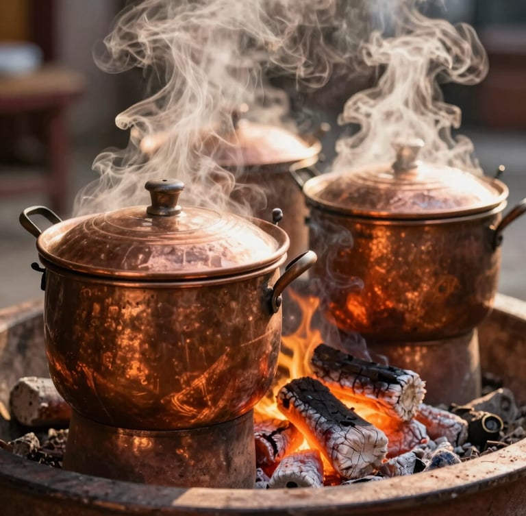 Medium editorial shot of steam rising from traditional copper vessels over hot glowing coals, warm firelight, rich terracotta tones, shallow depth of field, 35mm.