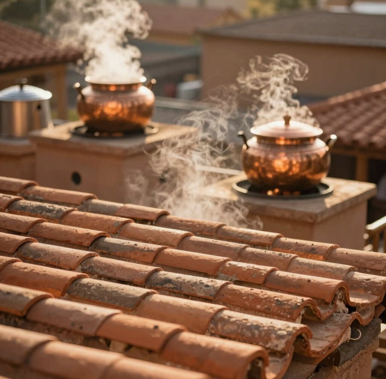 Warm editorial photography of sun-drenched clay tiled roofs with steam rising from traditional copper vessels in the background, 35mm golden hour, shallow depth of field.