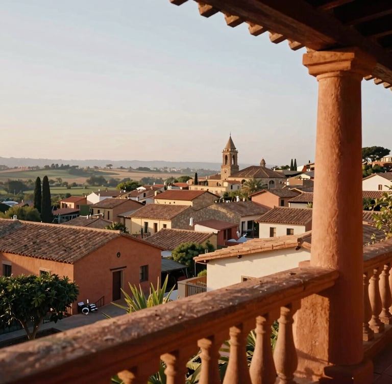 Wide-angle editorial view of a serene village landscape from a clay-tiled hotel verandah, warm morning light, terracotta pillars, 35mm.