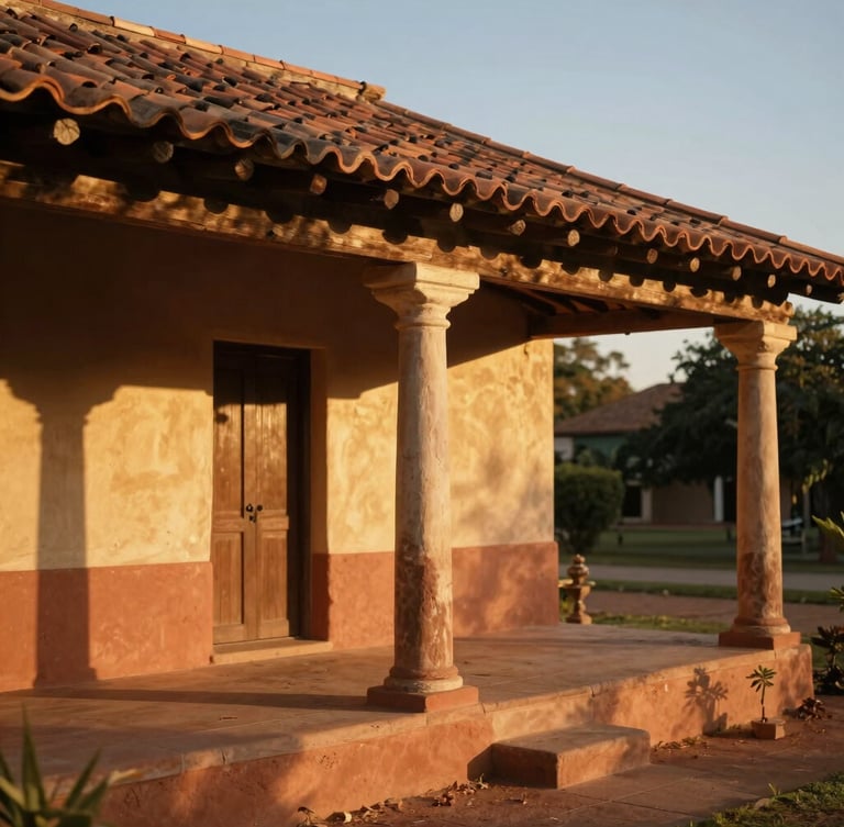 Warm editorial photography of a sun-drenched clay-tiled verandah of a heritage homestead, golden-hour sunlight casting long shadows, 35mm.