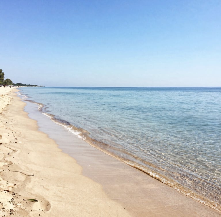 Bright coastal photography of Albena beach with golden sand, crystal-clear calm water, sun-drenched natural light, editorial travel style