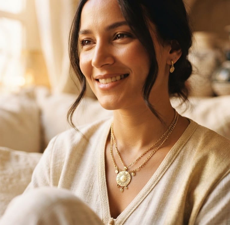 Close-up of elegant gold-toned stainless steel necklace worn by a Moroccan woman, natural pose, warm skin tone, soft golden-hour window light, shallow depth of field, styled on ivory linen, editorial photography.