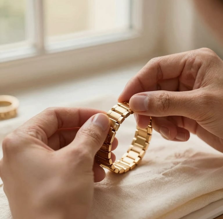 Close-up of hands delicately polishing a champagne gold stainless steel bracelet on a soft ivory cloth, diffused window light, workshop setting, editorial photography.