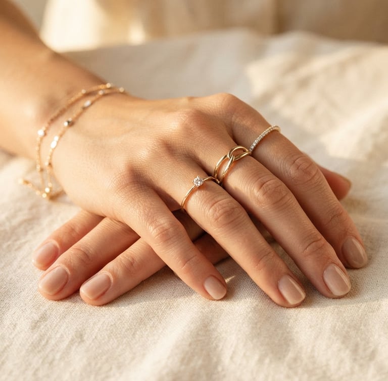 Close-up macro of a woman's hand wearing elegant champagne gold rings and a delicate bracelet, warm golden-hour window light reflecting on polished stainless steel, soft ivory linen background