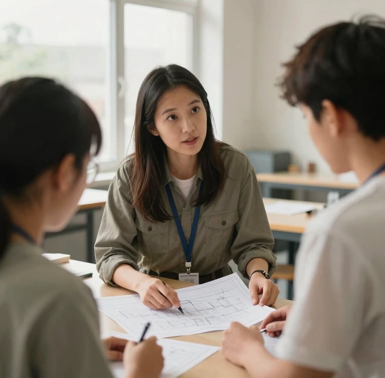 Candid mid-shot of a female vocational instructor explaining technical blueprints to a student in a bright, modern workshop, soft natural daylight, warm muted tones, 35mm lens