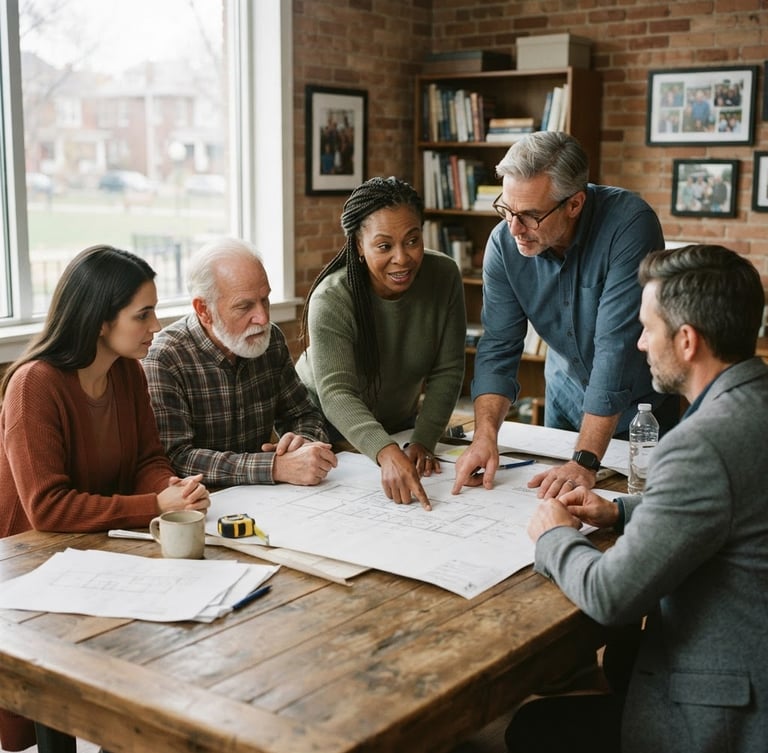 Candid mid-shot of community leaders discussing architectural blueprints around a wooden table, soft natural daylight streaming through a large window, warm muted tones, 35mm lens.