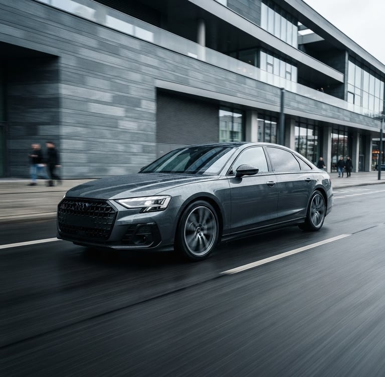Dynamic low-angle tracking shot of a pristine executive sedan in front of modern slate-gray architecture, high-contrast overcast daylight, cool metallic tones, 35mm lens.