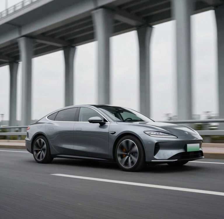 Dynamic low-angle tracking shot of a modern slate-gray executive sedan driving past steel architectural columns, overcast daylight, sharp metallic reflections, 35mm lens.