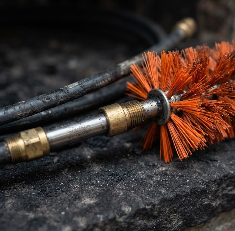Tight macro shot of professional chimney sweep equipment, clean metal rods and nylon brushes on a deep charcoal surface, overcast Baltic daylight, sharp focus, 35mm