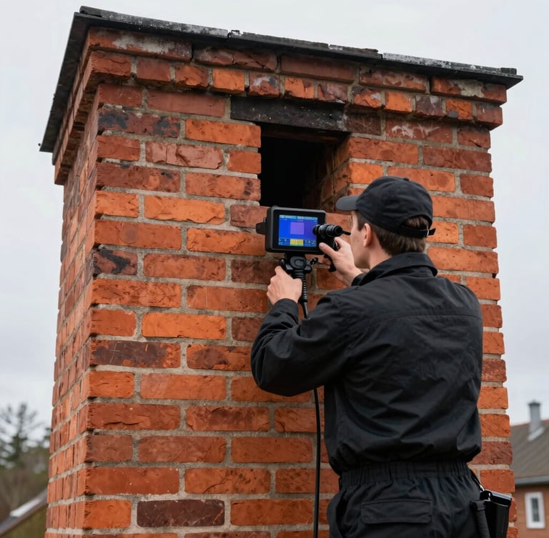 A professional chimney sweep in a clean black uniform, holding a high-tech endoscope camera screen displaying the interior of a brick chimney, overcast Baltic daylight, sharp focus, 35mm