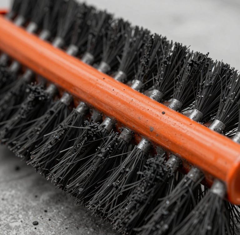 Close-up macro shot of clean professional chimney sweeping equipment, high-contrast soot textures on metal brushes, overcast daylight, 35mm.